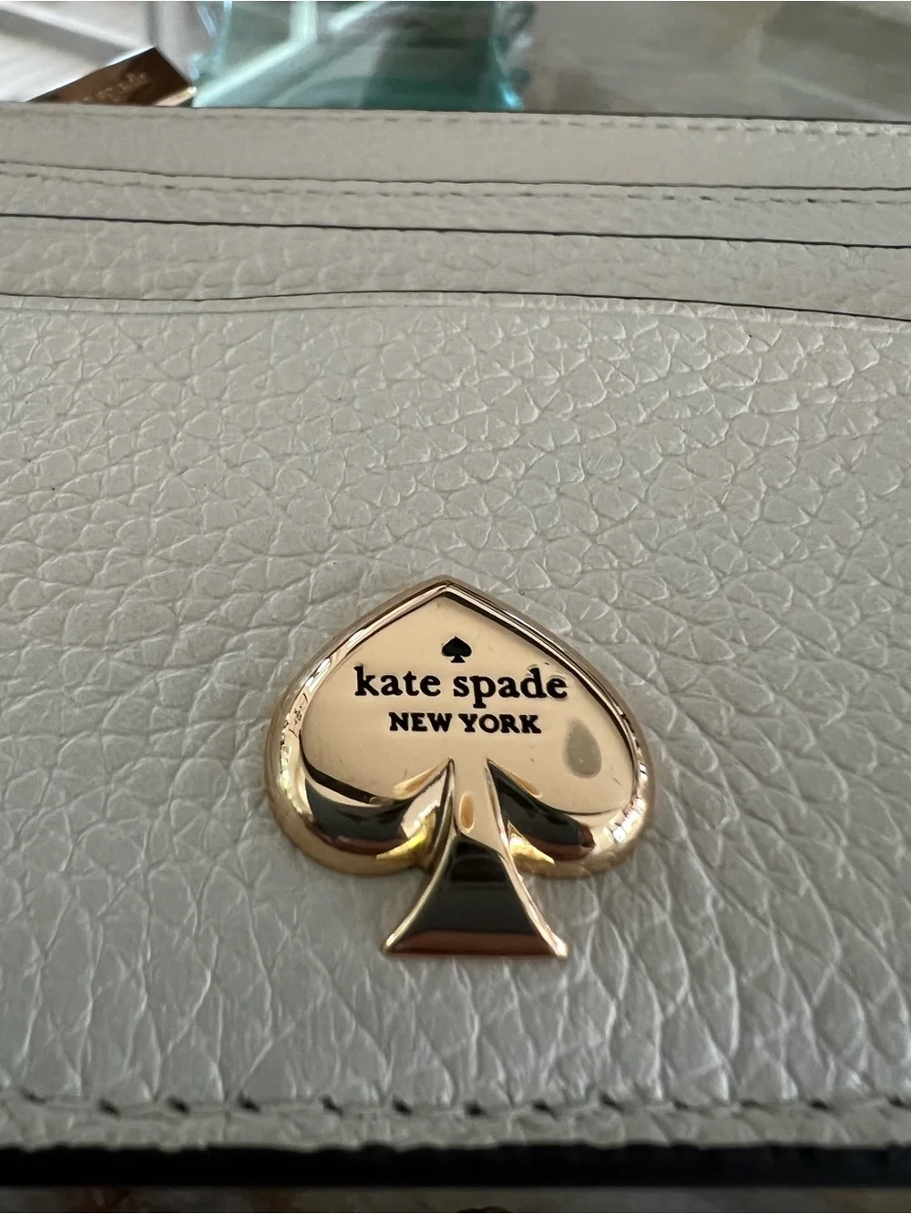 kate spade White Pebbled Leather Card & Key Holder with Gold Spade Logo